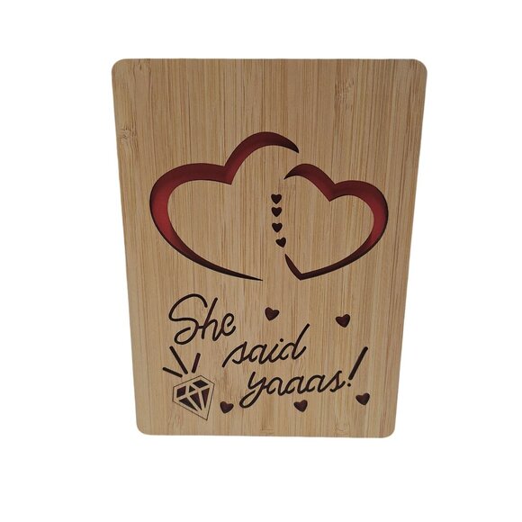 Handcrafted Bamboo Engagement Card With Sweet Hearts Design Wooden She Said Yes - Picture 1 of 4